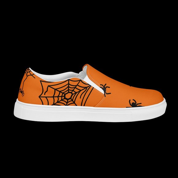 women's slip-on spider canvas shoes orange & black Halloween  fall spiderweb - Picture 8 of 14